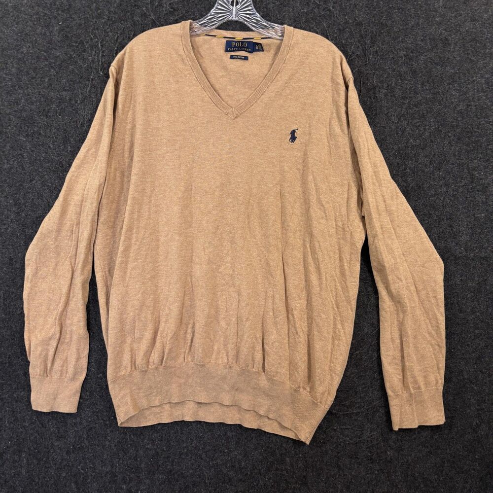 Polo Ralph Lauren Sweater Men's XL Beige Pima Cotton V Neck Pullover Knit Pony
